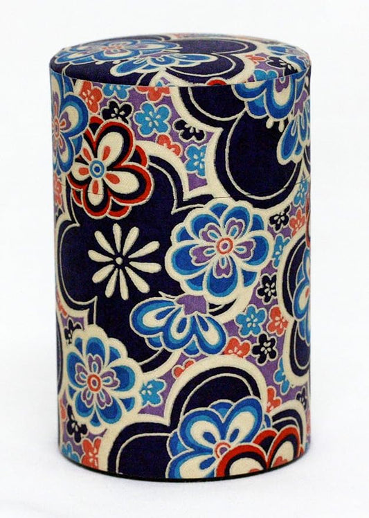 Washi Paper Tea Tin Canister: Long 3.5oz (100g) Blue Plum-Blossoms Kimono (#112), Japan