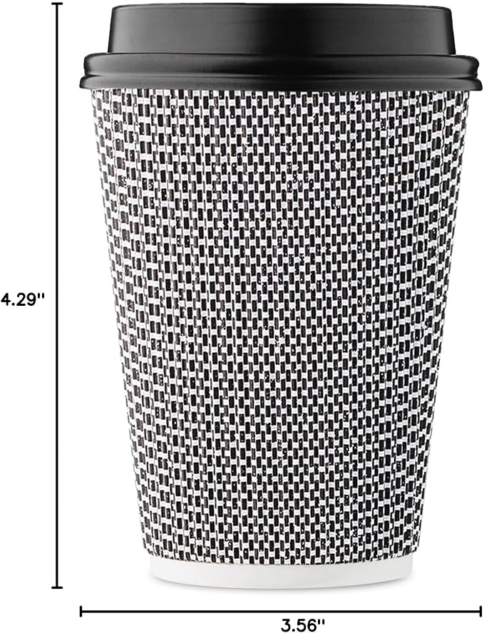 [100 SET]Harvest Pack 12 oz Disposable Coffee Cups, Insulated Ripple Double-Walled Paper Cup with Lids, Black and White Geometric, Tea Hot Chocolate Drinks To go coffee cups