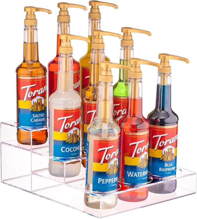 Acrylic Coffee Syrup Organizer Rack | 9 Bottle, 3 Tier Rack | Bar Counter-Top Display Stand | Kitchen, Pantry, Fridge Storage Organizer for Syrups, Wine, Soda, Beer by Srenta