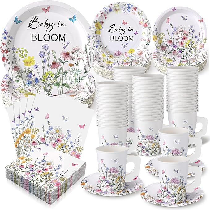 Pickmesh 252 Pcs Baby in Bloom Tea Party Supplies for 36 Guests Wildflower Paper Disposable Dinnerware Flower Teacup with Handle and Saucers Set for Tea Party Decorations Birthday Baby Shower Wedding