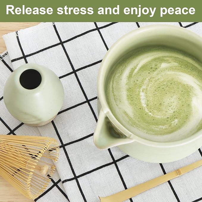 4Pcs Matcha Whisk Set, Matcha Set, Matcha Whisk and Bowl, Matcha Whisk Holder, Japanese Matcha Tea Set, Ceramic Matcha Bowl with Pouring Spout for Tea Lovers Matcha