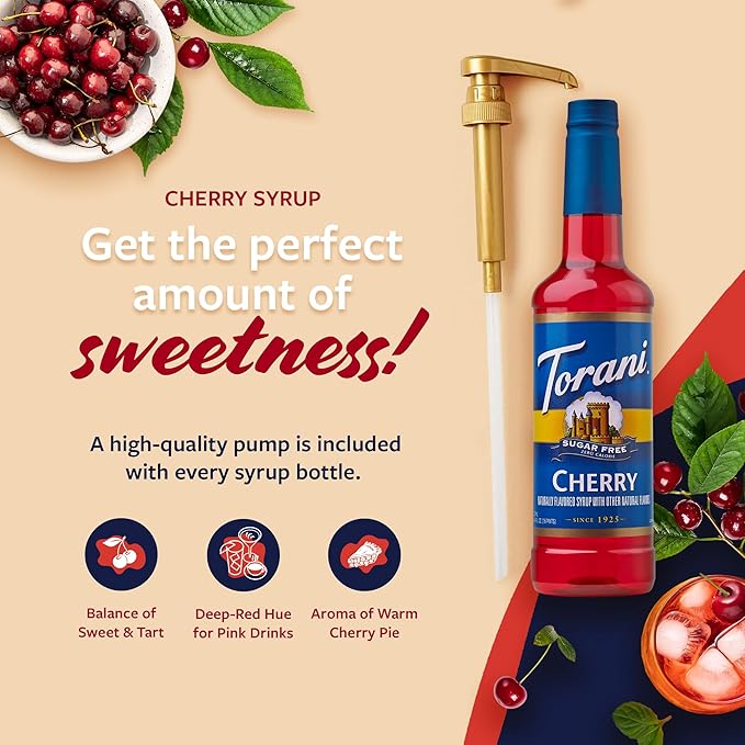 Torani Sugar Free Syrup, Cherry Flavored Syrup for Drinks, Zero Calorie, Glass Bottle with Pump Included, 25.4 Fl Oz