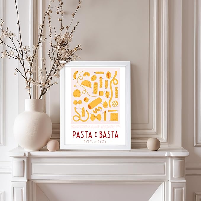 Poster Master Vintage Illustration Poster - Retro Food Print - Types of Pasta, Yellow, Spaghetti, Rotini, Penne - Gift for Artist, Chef - Wall Decor for Kitchen, Restaurant, 8x10 White Framed