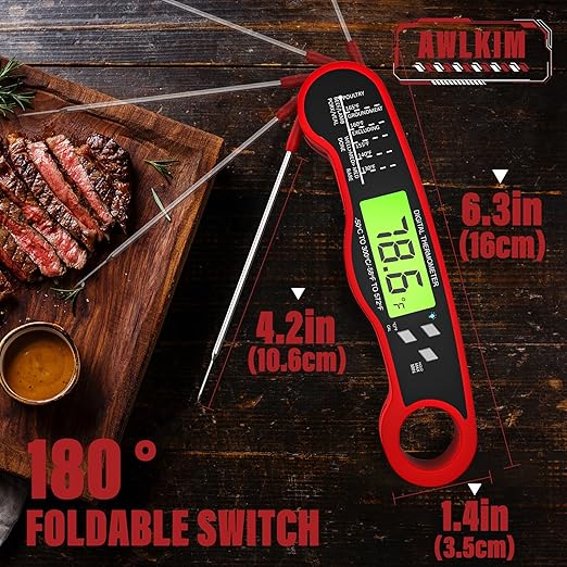 2 Pack Fast Instant Read Meat Thermometer with Backlight - Waterproof Digital Food Probe for Grilling, Cooking, Baking & Candy Making - Kitchen & BBQ Essential(Red)
