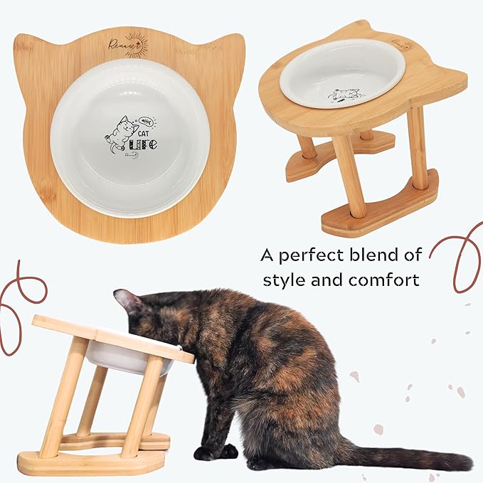 Rênasci® Elevated Ceramic Cat Food Dish Bowl, Adjustable Height, Raised Eco-Bamboo Wood Rack, Sturdy Pet Feeder, Tilted Angle for Cats