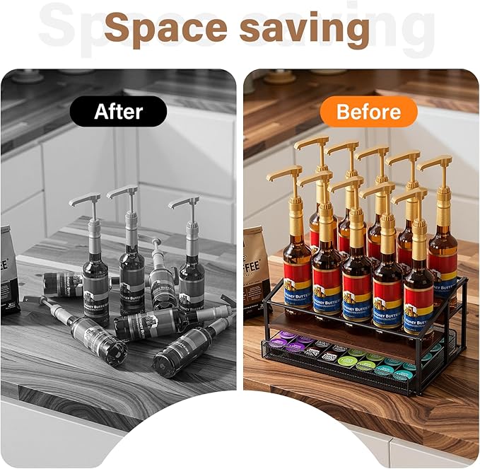 kimilus Coffee Syrup Rack Organizer, 3-Tier 10 Bottle Syrup Rack with 35 K Cup Darwer for Coffee Bar, Countertop Bottle Holder Stand for Dressing for Kitchen Cafe Station