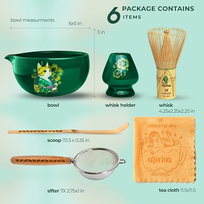 Matcha Gift Set 6 Pcs – Ceramic Bowl, Bamboo Whisk, Whisk Holder, Scoop, Sifter & Cloth – Traditional Japanese Set for Green Tea by Aprika Matcha (Green with Spout)