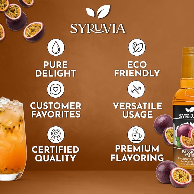 Syruvia Passion Fruit Flavored Syrup for Drinks, Cocktails, Lemonades, Iced Teas and Desserts – 25.4 fl oz, With Pump
