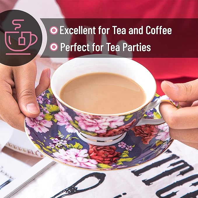 BTaT- Tea Cups and Saucers, Set of 6, 8 oz, Floral Design, Porcelain Tea Cup Sets, Dishwasher Safe