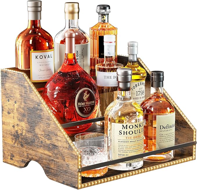 Nuovoware LED Lighted Liquor Bottle Display Shelf, 3 Step Wood Countertop Liquor Rack with Fences & Portable Handles, 12-Bottle Whiskey Rack Liquor Display Retro Wine Rack for Home Bar Party, Brown by NUOVOWARE