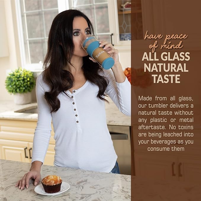 Tupkee Double Wall Glass Tumbler - 14-Ounce, All Glass Reusable Insulated Tea/Coffee Mug & Lid, Hand Blown Travel Mug - Niagara
