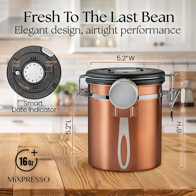 Mixpresso Copper 16 Oz Stainless Steel Coffee Canister with Scoop – Airtight Coffee Container with CO2 Valve for Bean Storage, Date Tracker Lid