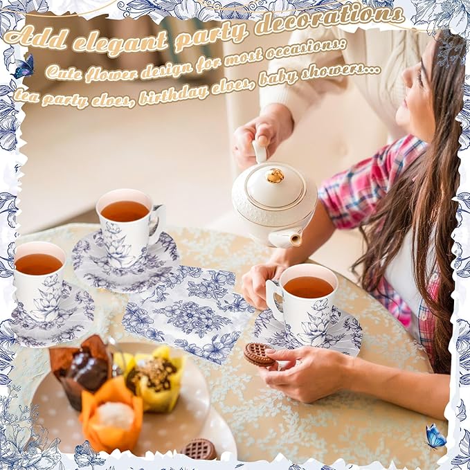 Vesici 150 Pcs Floral Tea Party Decorations for Table 9 oz Disposable Paper Tea Cups with Handles Plates, Saucers and Napkins Set for Spring Party Girl Birthday Wedding Mothers Day(Charming Style)