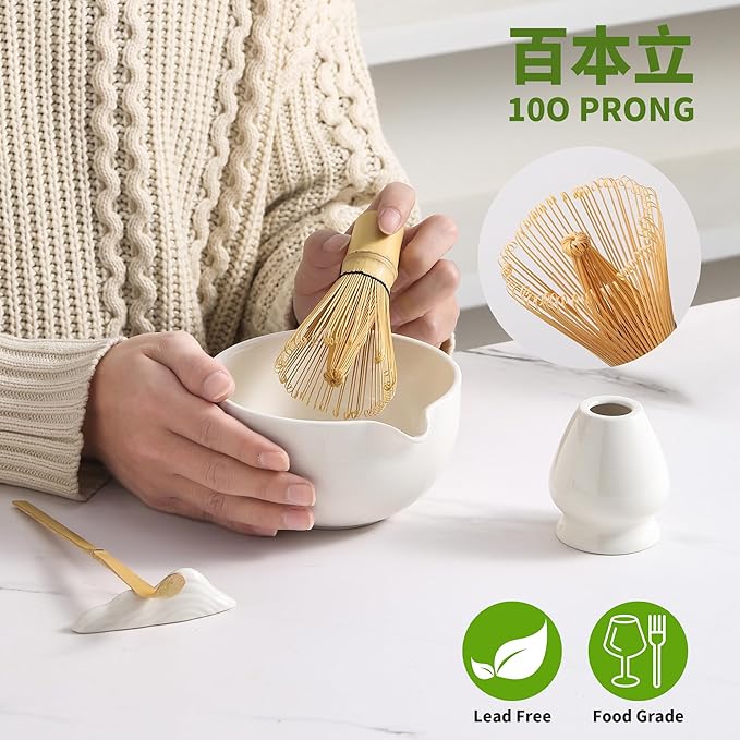 Matcha Whisk Set 5 Pcs, Matcha Kit Set Includes Matcha Bowl, Matcha Whisk and Holder, Bamboo Scoop and Sifter, Ceramic Matcha Set, Matcha Tea Set, Ideal Gift for Family/Friend (White)