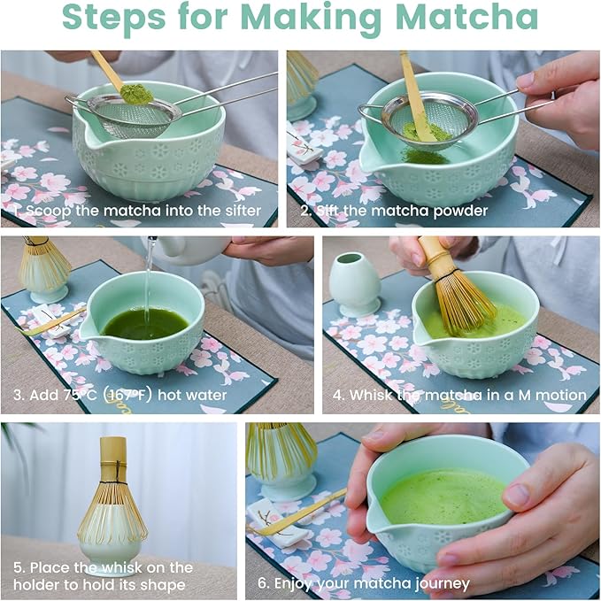 Joyscale Matcha Whisk Set, Matcha Set Whisk And Bowl, 8 Pcs Matcha Kit Set(Cherry Blossom Design), 18 OZ, Japanese Matcha Tea Set, Matcha Making Kit Gifts for Tea Lovers(Mint Green)