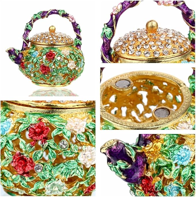 YU FENG 4.7inch Mini Teapot Trinket Box Hinged For Girls Ring Holder Handmade Ring Holder Dish Decorated (teapot) Christmas Gift