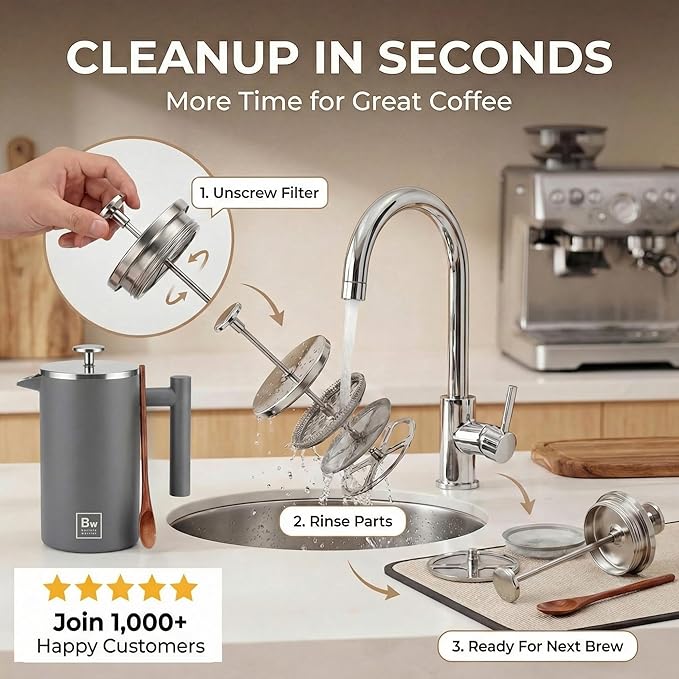 Barista Warrior French Press Coffee Maker Stainless Steel with Built-In Thermometer - Insulated Double Wall Design, Dual Filter System, Stay-Cool Handle & Wood Spoon - Grey