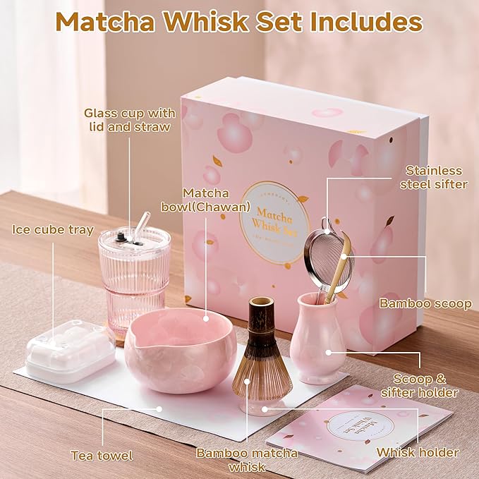 Matcha Whisk Set – Crystalline Glaze Bowl, Bamboo Whisk & Holder, Scoop & Sifter with Holder, Cup with Lid & Straw, Ice Cube Tray & Tea Towel – Pink Matcha Gift Set for Women, Women Gifts