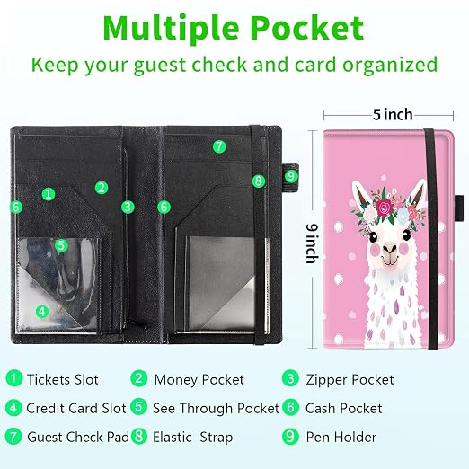 Server Books for Waitress, 5x9 Inch Waitstaff Server Order Pads, 11 Large Pockets, Cute PU Leather Waitress Book Server Wallet with Elastic Band Fit Server Apron,Llama with Flower Crown - Image 3