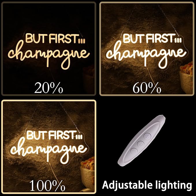 But First...Champagne Neon Sign – LED Wall Light for Champagne Wall, Party Backdrop, Bridal Shower, Bachelorette, Bar or Home Decor – Modern Pink Neon Aesthetic Sign (17 * 8 Inch)