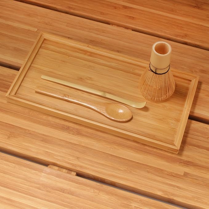 BambooMN Chasen (Tea Whisk) + Chashaku (Hooked Bamboo Scoop) for preparing Matcha + Tea Spoon + Tea Serving Tray