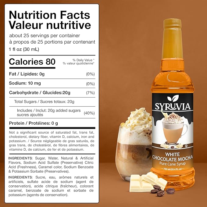 Syruvia Coffee Syrup, White Chocolate Mocha Flavored Syrup for Drinks, Lattes, and Desserts – 25.4 fl oz,