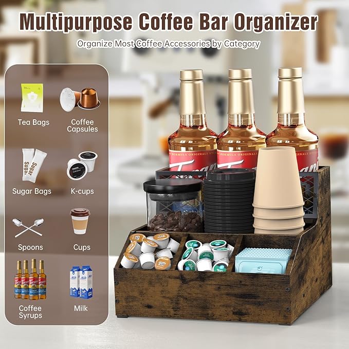 Coffee Station Organizer for Countertop, Wood Coffee Bar Organizer, Tea Condiment Storage for Pods, Syrup, Cups, Stirrer, Tea, Kitche Office Countertop, Brown