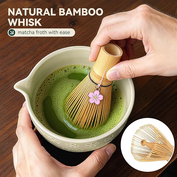 Sakura Matcha Whisk Set, 8 PCS Japanese-Style Matcha Kit with Cherry Blossom Matcha Bowl, Bamboo Whisk & Holder, Scoop, Spoon Rest, Wooden-Handle Sifter & Gift Box for Matcha Lovers (Mottled Green)