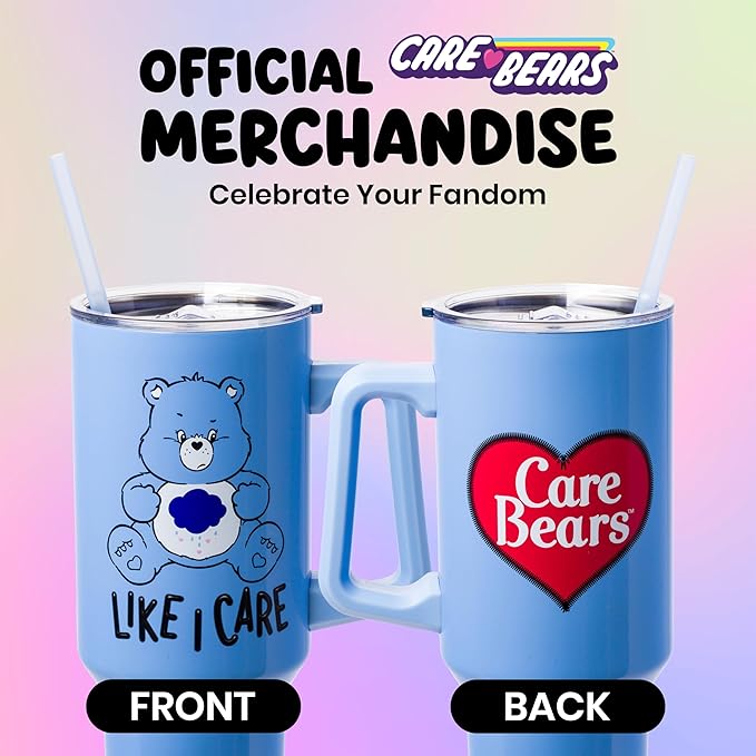 Silver Buffalo Care Bears Grumpy Bear Like I Care Double Walled Stainless Steel Tumbler with Handle and Straw, Fits in Standard Cup Holder, 40 Ounces