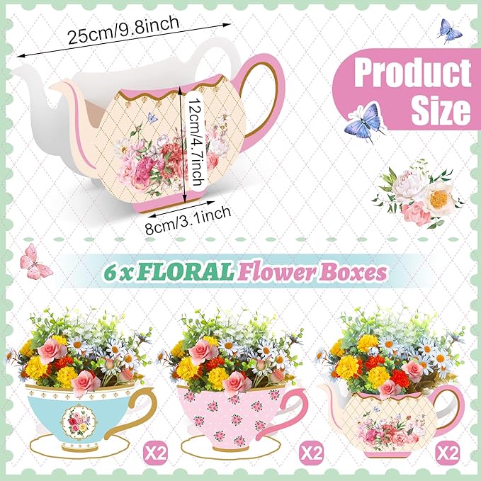 Yinder 6 Pcs Tea Party Decorations Princess Party Flower Boxes Centerpiece Floral Teapot Centerpiece for Floral Tea Themed Birthday Wedding Supplies(Retro Tea Pot Tea Cup)
