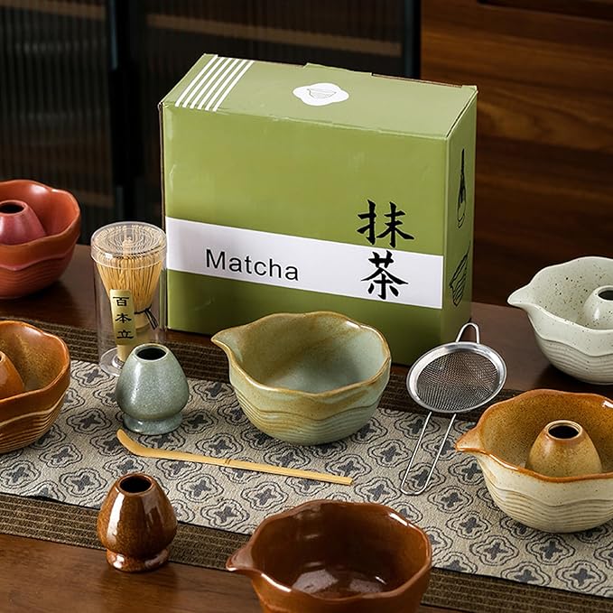 Matcha Bowl Set with Bamboo Whisk, Sifter & Scoop - Complete Ceramic Japanese Tea Ceremony Kit for Traditional Matcha Preparation (light turquoise green (with a textured finish))