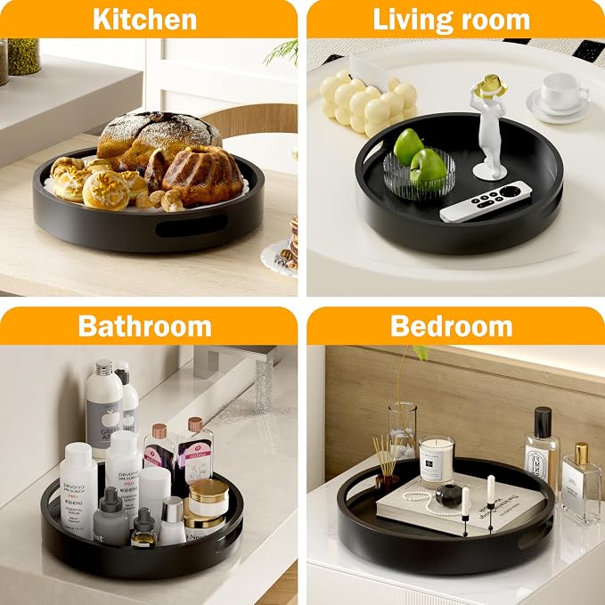Lazy Susan Organizer Homerays 12 Inch Non-Skid Bamboo Lazy Susan for Kitchen Rotating Spice Rack with Handles, Wood Turntable for Kitchen Cabinet,Countertop (Black, Medium) - Image 6