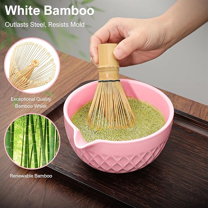 Doasuwish Matcha Whisk Set, 7 Pcs Ceramic Kit, Includes Matcha Bowl with Spout, Matcha Whisk and Holder, Bamboo Scoop, Scoop Rest, Sifter and Tea Towel (Cherry Blossom Pink)