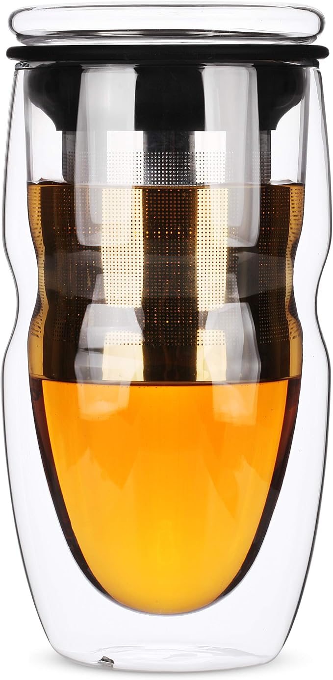 BTaT- Double Wall Glass Tea Cup With Stainless Steel Infuser and Lid, 16 oz, Borosilicate Glass Tea Mug Infuser, Gifts for Tea Lovers