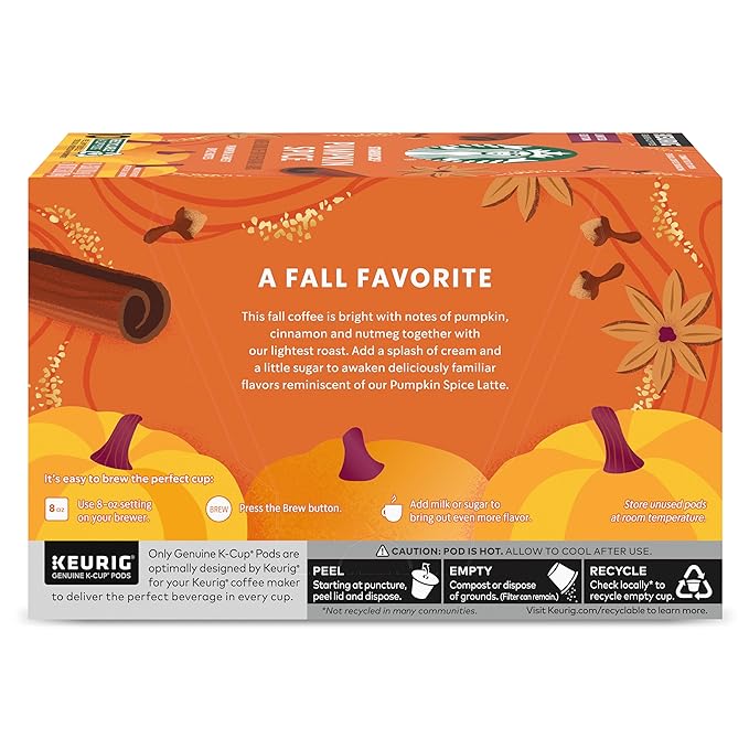 Starbucks K-Cup Coffee Pods—Pumpkin Spice Flavored Coffee—100% Arabica—Naturally Flavored—1 box (10 pods)