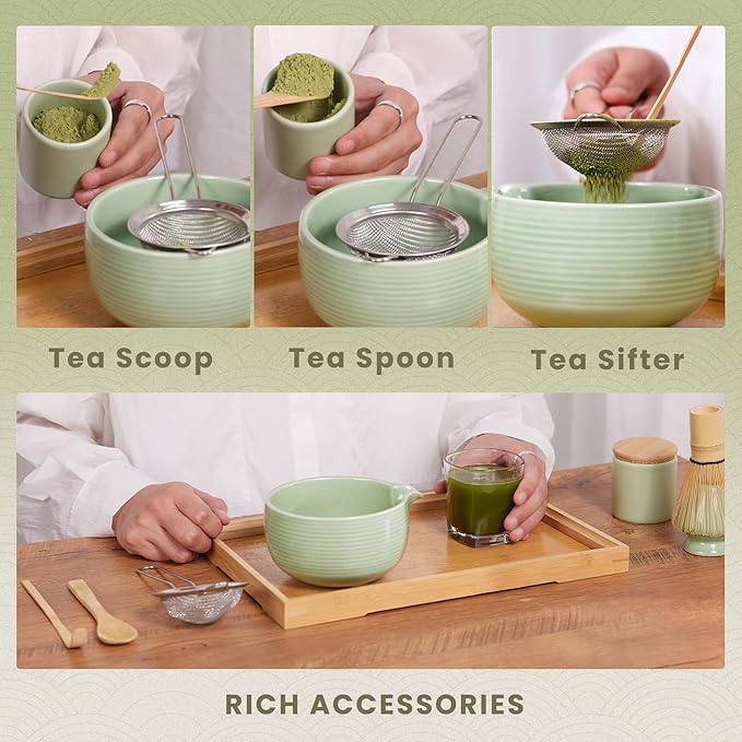 Matcha Whisk and Bowl with Ceramic Matcha Whisk Holder,Matcha Sifter, Matcha Spoon and Scoop Handmade from Natural Bamboo,Matcha Making Kit Cyan, Normal, ZYMC6Pcs01-Cyan