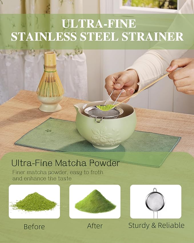 ZENS Matcha Whisk Set, Matcha Kit Set, Matcha Bowl with Spout, Bamboo Whisk & Scoop, Chasen Holder, 304 Sifter & Tea Mat, 6pcs Japaness Matcha Kit for Matcha Lovers, Birthday Gift, Pale Green