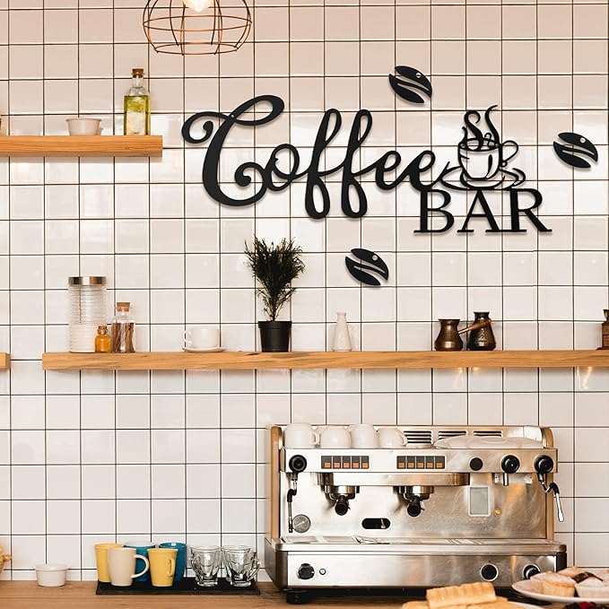 Coffee Bar Sign - Rustic Metal Hanging Decor for Home Office Kitchen (Coffee Bar and Bean Style)