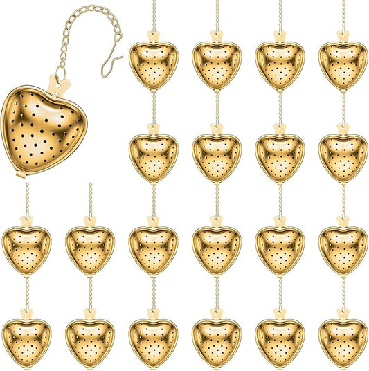 Sumind 25 Pcs Heart Tea Strainer Stainless Steel Ball Infuser Loose Leaf Steeper Interval Diffuser Mesh Filters with Extended Chain Hook for Cup Bottle Tea Party Wedding Bridal Shower(Gold)