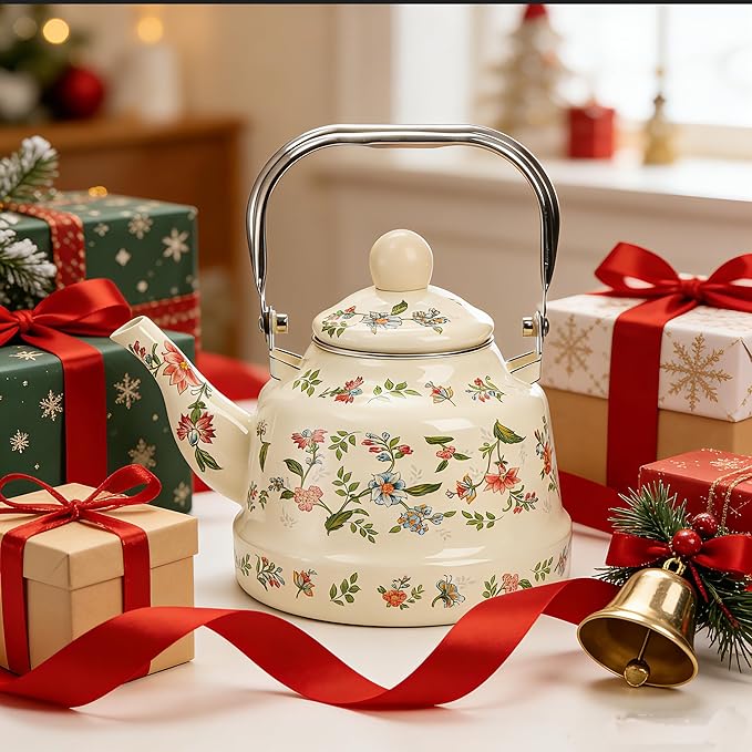 Jucoan 1.8 Quart Vintage Enamel Stovetop Tea Kettle, Retro Green Floral Enamel on Steel Teapot with Removable Infuser for Camping, Gift for Wedding Housewarming Easter
