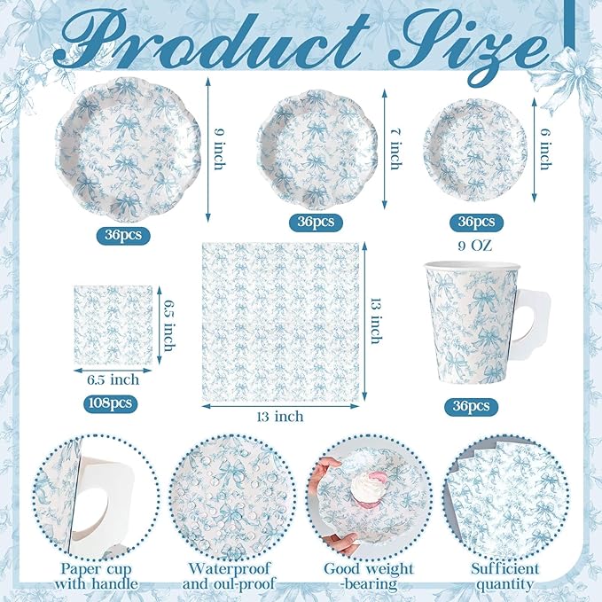 Pickmesh 252 Pcs Blue Bow Floral Tea Party Supplies for 36 Guests Flower Paper Disposable Dinnerware Flower Teacup with Handle and Saucers Set for Tea Party Decorations Birthday Baby Shower Wedding