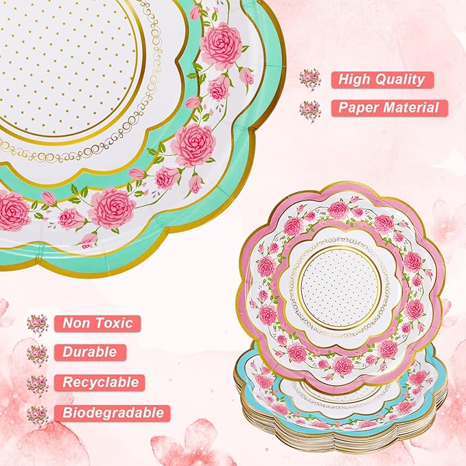 200 Sets Floral Paper Tea Cups and Saucers Disposable Paper Tea Party Supplies 9 oz Cups with Handle and Saucer for Birthday Wedding Party Decorations (Classic Style)