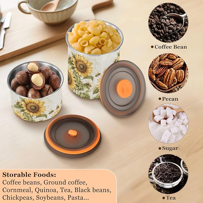 susiyo 30OZ Coffee Canister with Clear Airtight Lid Vintage Sunflowers Bees Stainless Steel Home Kitchen Food Storage Container Storage Jar for Beans Ground Sugar Tea Cereal