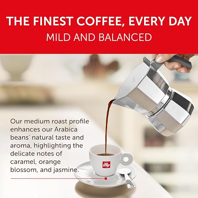 illy Ground Moka Coffee, Classico Medium Roast, 100% Arabica, Premium Italian Coffee, Pre-Ground for Moka Pot or Stovetop Brewing, 8.8oz, 6 Pack