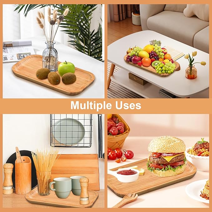 2 Pack Bamboo Trays Cheese Plate,10 Inch Rectangular Food Serving Saucer Wood Platte for Serving Food for Charcuterie Tea Coffee Snack Bread Fruit Appetizer Plant Pot