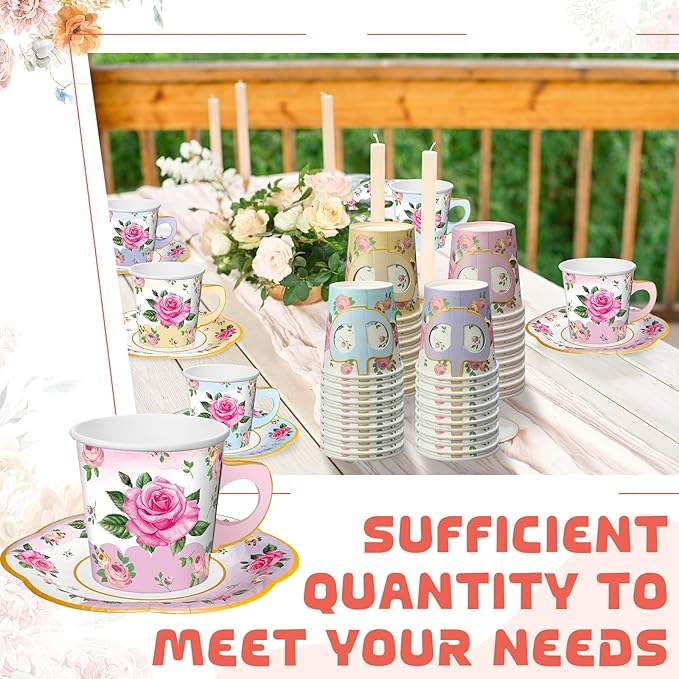 36 Sets Tea Party Decorations 6.5 oz Floral Paper Tea Cups with Handle and Plates Disposable Blossom Teacups and Saucers Sets for Girls Kid Birthday Garden Wedding Party Supplies(Gradient Mixed Color)