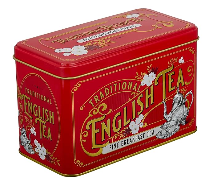 New English Teas Vintage Victorian Tea Tin in Berry-Red with 40 English Breakfast Teabags