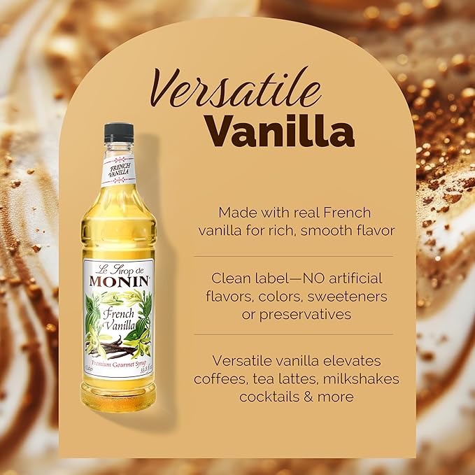 Monin - French Vanilla Syrup, Boxed, Versatile Flavor, Natural Flavors, Great for Coffees, Cocktails, Shakes, and Kids Drinks, Non-GMO, Gluten-Free (1 Liter)