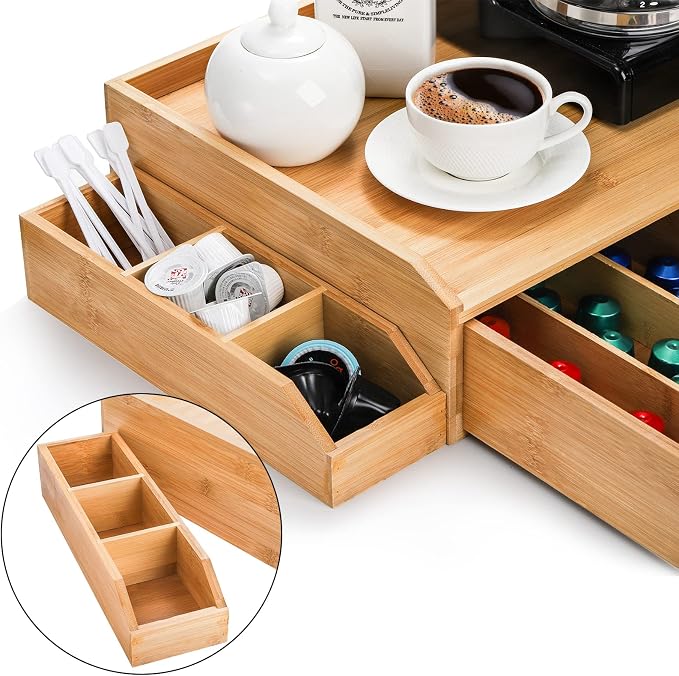SOUJOY Bamboo Drawer Organizer for Coffee Pod, K Cup Organizer for Counter, Tea Bag Storage Organizer with Drawer and Side Storage Box for Kitchen Office Coffee Bar - Image 5