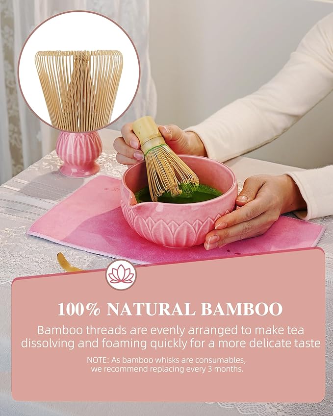 ZENS Matcha Whisk Set, 6pcs Matcha Kit Set with Matcha Bowl, Bamboo Whisk & Scoop, Chasen Holder, 304 Stainless Steel Sifter & Tea Mat, Japanesse Matcha Kit for Matcha Latte-Making Pink